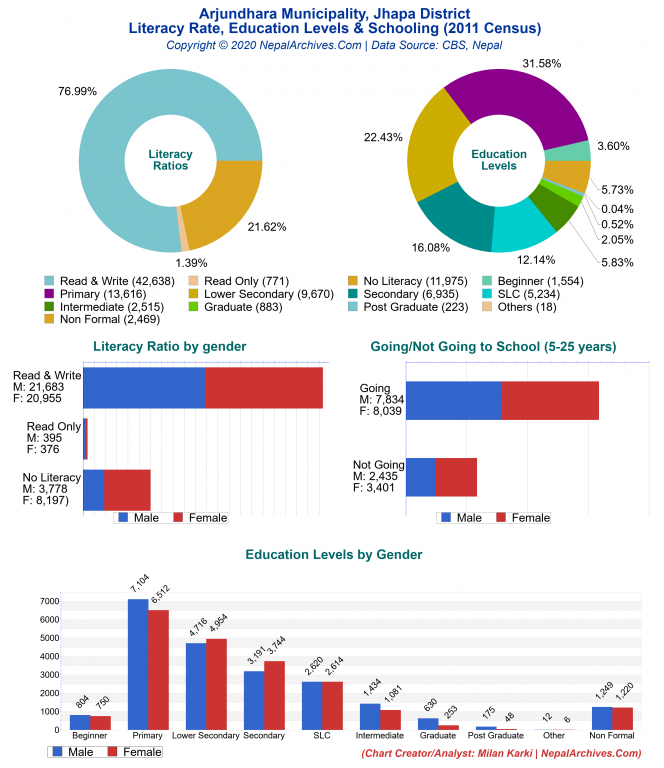 Literacy, Education Levels & Schooling Charts of Arjundhara Municipality