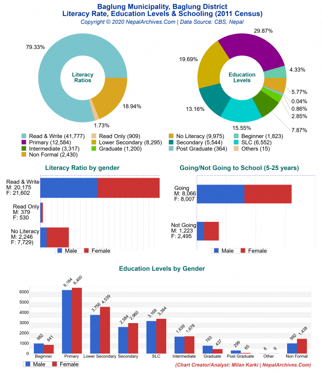 Literacy, Education Levels & Schooling Charts of Baglung Municipality