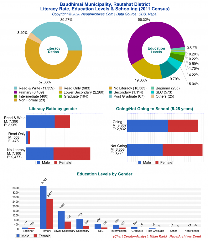 Literacy, Education Levels & Schooling Charts of Baudhimai Municipality