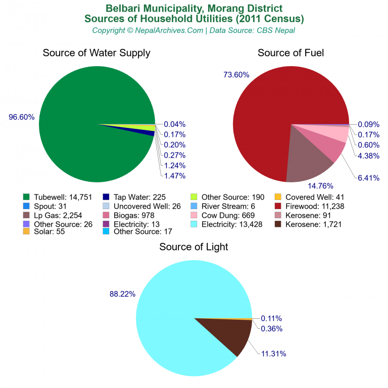 Household Utilities Pie Charts of Belbari Municipality