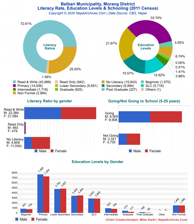 Literacy, Education Levels & Schooling Charts of Belbari Municipality