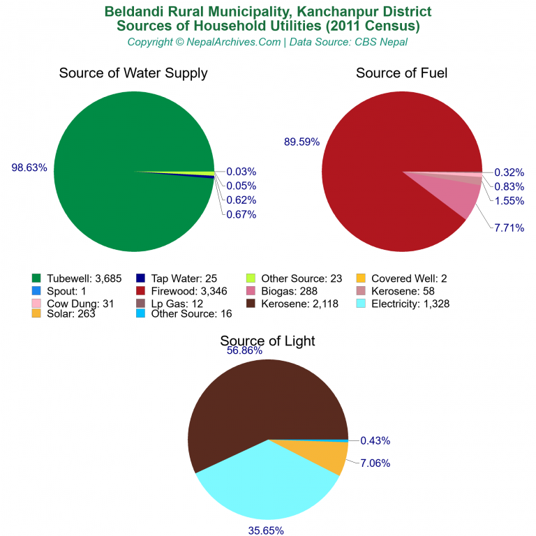 Household Utilities Pie Charts of Beldandi Rural Municipality