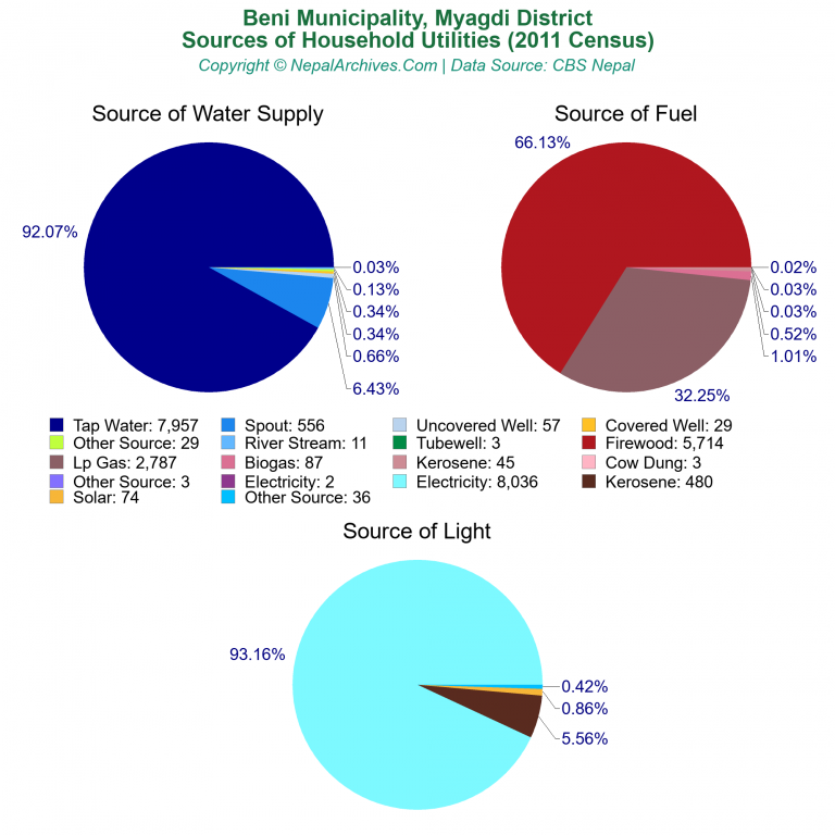 Household Utilities Pie Charts of Beni Municipality