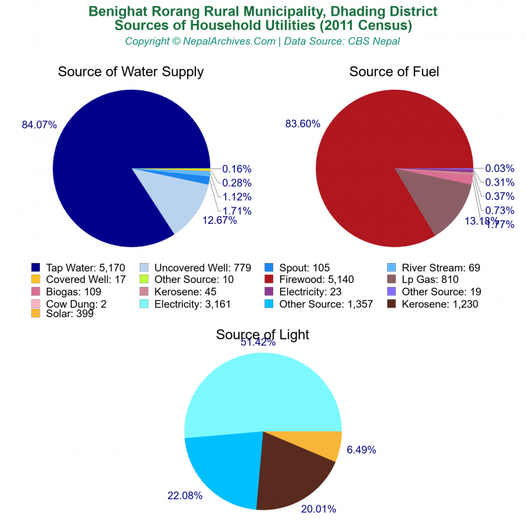Household Utilities Pie Charts of Benighat Rorang Rural Municipality