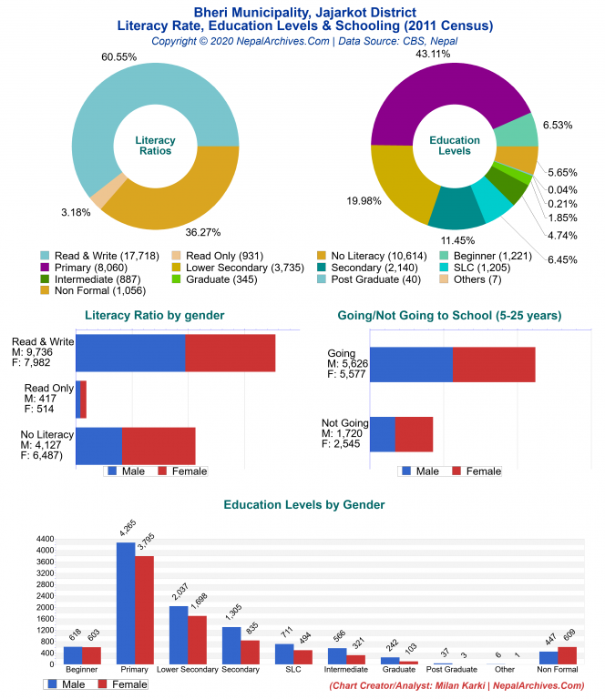 Literacy, Education Levels & Schooling Charts of Bheri Municipality