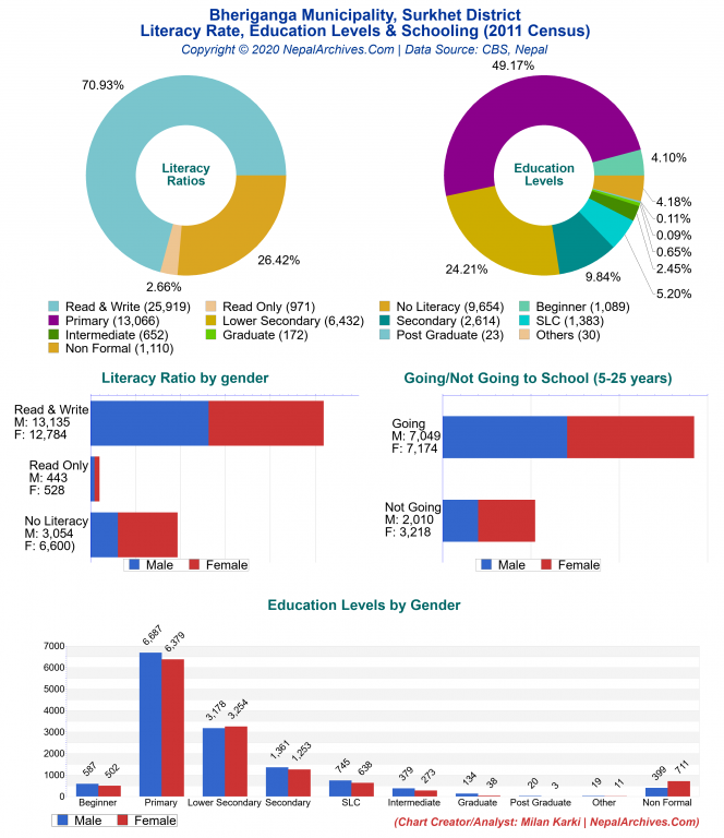 Literacy, Education Levels & Schooling Charts of Bheriganga Municipality