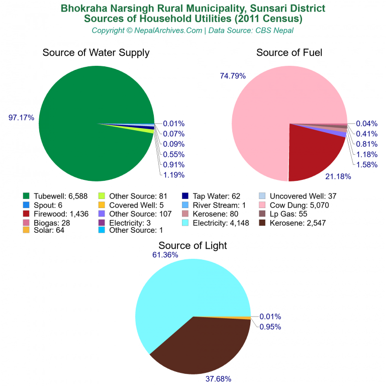 Household Utilities Pie Charts of Bhokraha Narsingh Rural Municipality