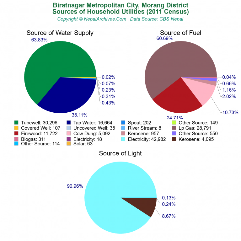 Household Utilities Pie Charts of Biratnagar Metropolitan City