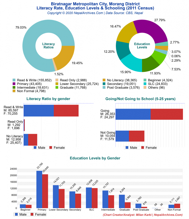 Literacy, Education Levels & Schooling Charts of Biratnagar Metropolitan City