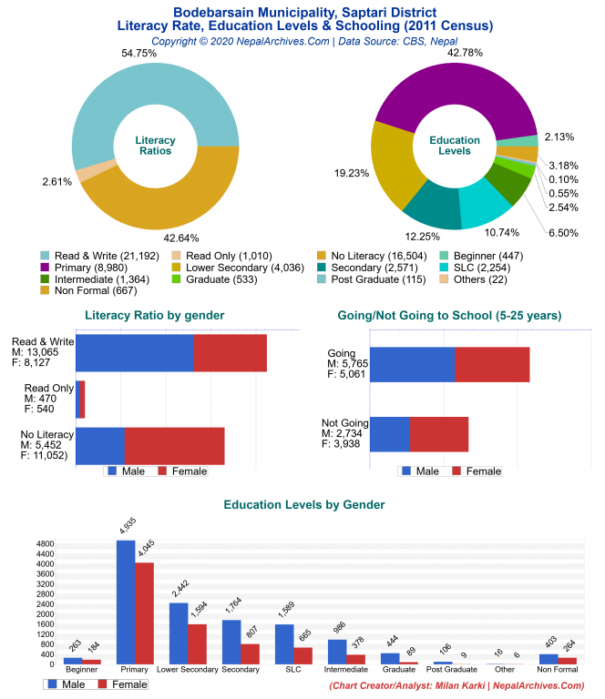 Literacy, Education Levels & Schooling Charts of Bodebarsain Municipality