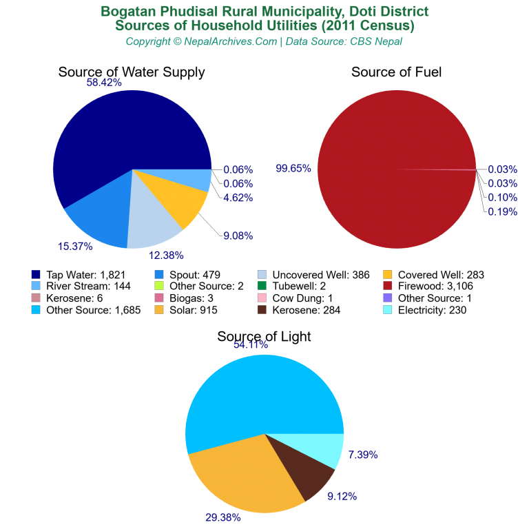 Household Utilities Pie Charts of Bogatan Phudisal Rural Municipality