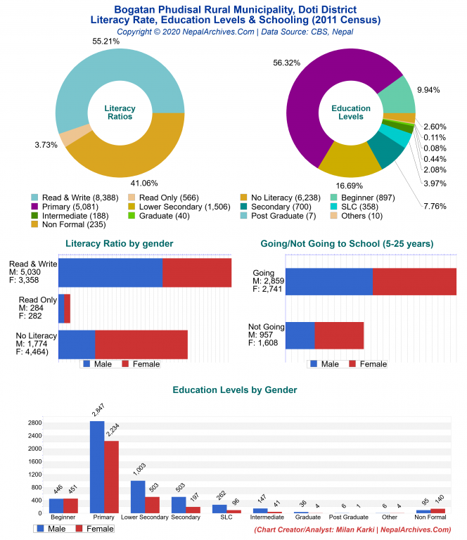 Literacy, Education Levels & Schooling Charts of Bogatan Phudisal Rural Municipality