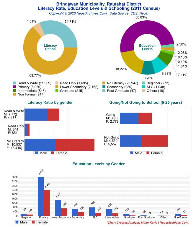 Literacy, Education Levels & Schooling Charts of Brindawan Municipality