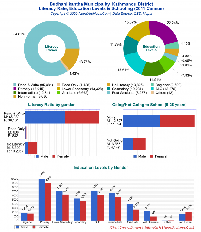 Literacy, Education Levels & Schooling Charts of Budhanilkantha Municipality