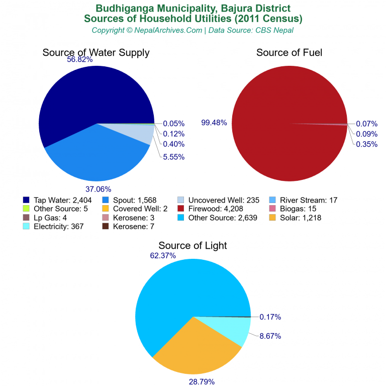 Household Utilities Pie Charts of Budhiganga Municipality