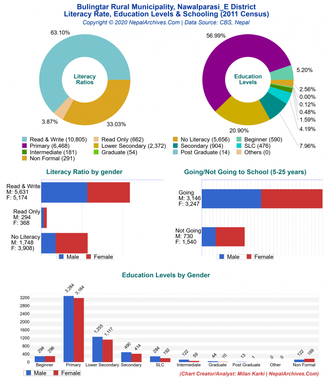 Literacy, Education Levels & Schooling Charts of Bulingtar Rural Municipality