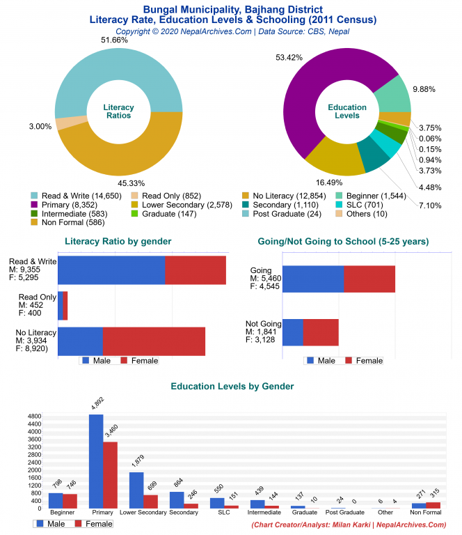 Literacy, Education Levels & Schooling Charts of Bungal Municipality