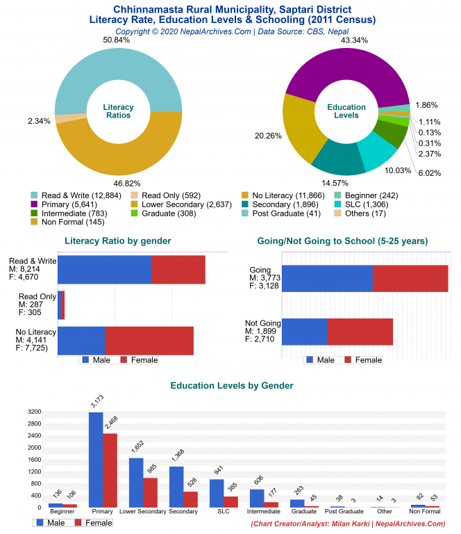 Literacy, Education Levels & Schooling Charts of Chhinnamasta Rural Municipality