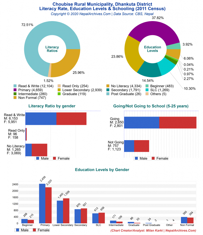 Literacy, Education Levels & Schooling Charts of Choubise Rural Municipality