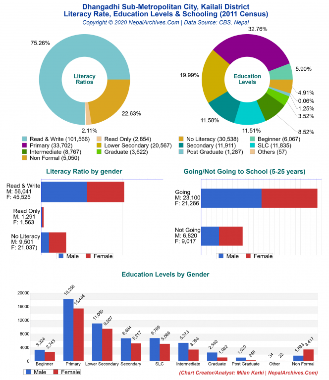 Literacy, Education Levels & Schooling Charts of Dhangadhi Sub-Metropolitan City