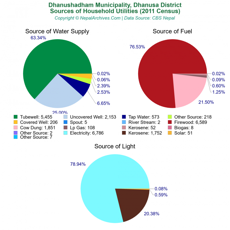 Household Utilities Pie Charts of Dhanushadham Municipality