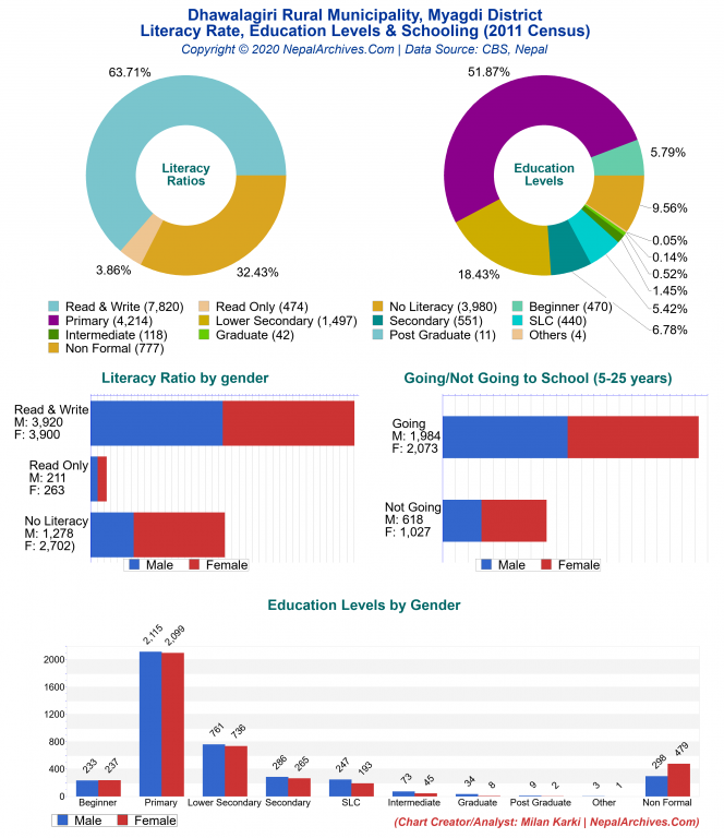 Literacy, Education Levels & Schooling Charts of Dhawalagiri Rural Municipality