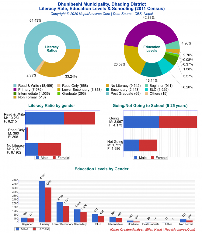 Literacy, Education Levels & Schooling Charts of Dhunibeshi Municipality