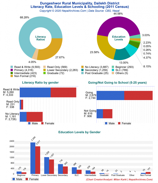 Literacy, Education Levels & Schooling Charts of Dungeshwor Rural Municipality