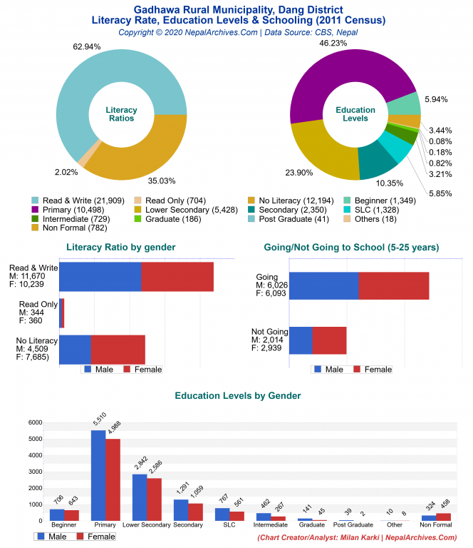 Literacy, Education Levels & Schooling Charts of Gadhawa Rural Municipality