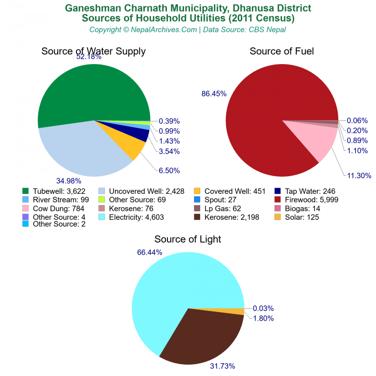 Household Utilities Pie Charts of Ganeshman Charnath Municipality