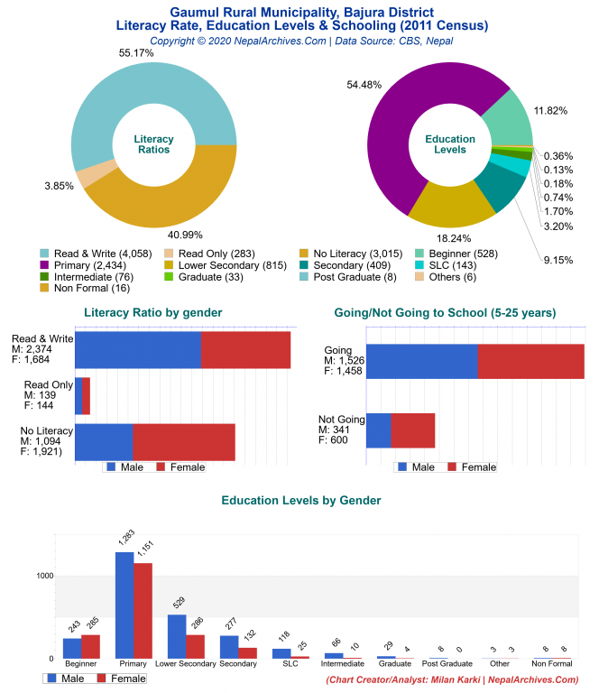 Literacy, Education Levels & Schooling Charts of Gaumul Rural Municipality