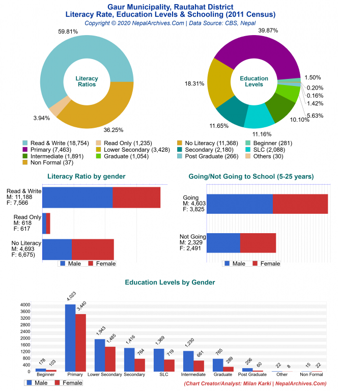 Literacy, Education Levels & Schooling Charts of Gaur Municipality