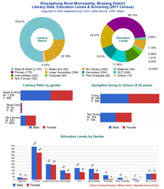 Literacy, Education Levels & Schooling Charts of Gharapjhong Rural Municipality