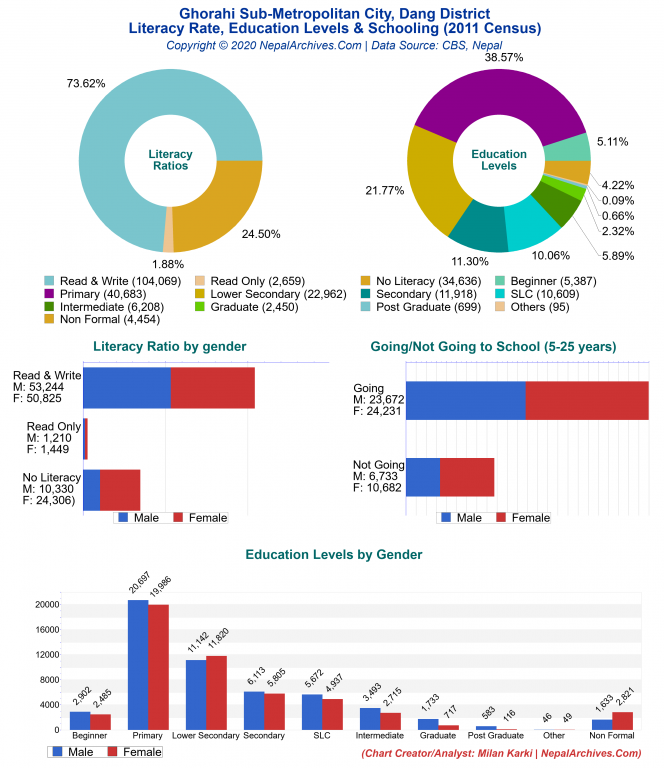 Literacy, Education Levels & Schooling Charts of Ghorahi Sub-Metropolitan City