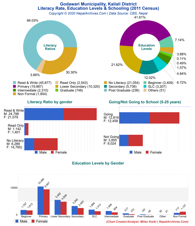 Literacy, Education Levels & Schooling Charts of Godawari Municipality