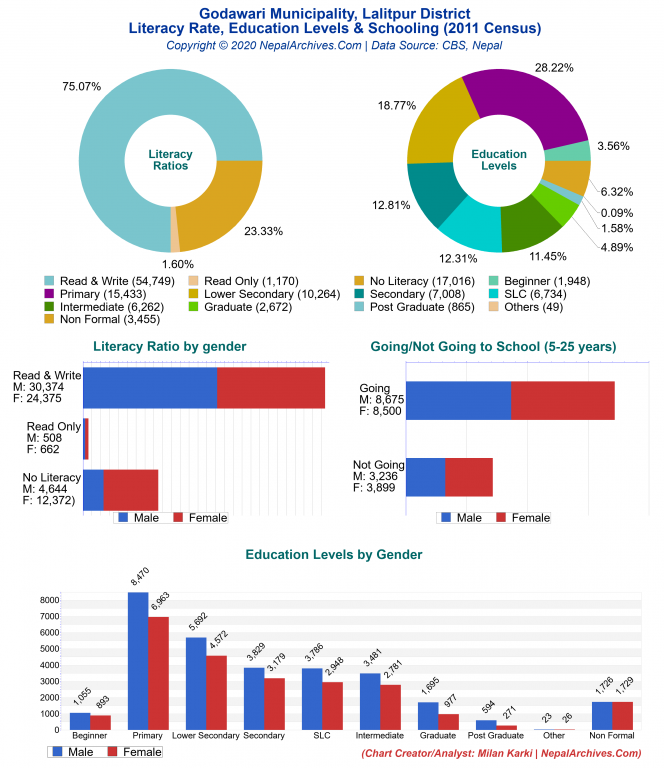 Literacy, Education Levels & Schooling Charts of Godawari Municipality