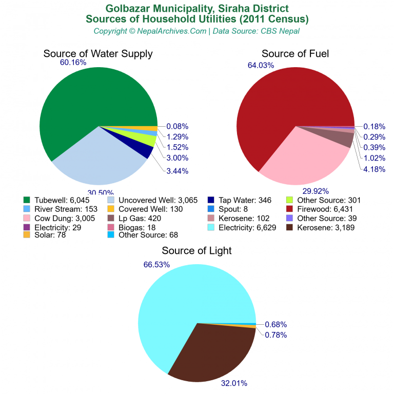 Household Utilities Pie Charts of Golbazar Municipality