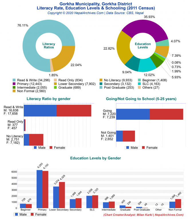 Literacy, Education Levels & Schooling Charts of Gorkha Municipality