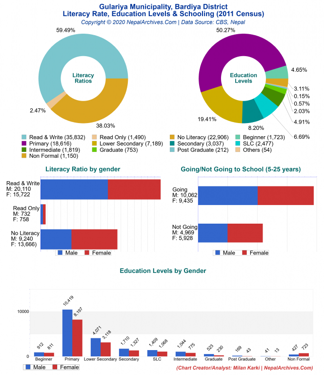 Literacy, Education Levels & Schooling Charts of Gulariya Municipality