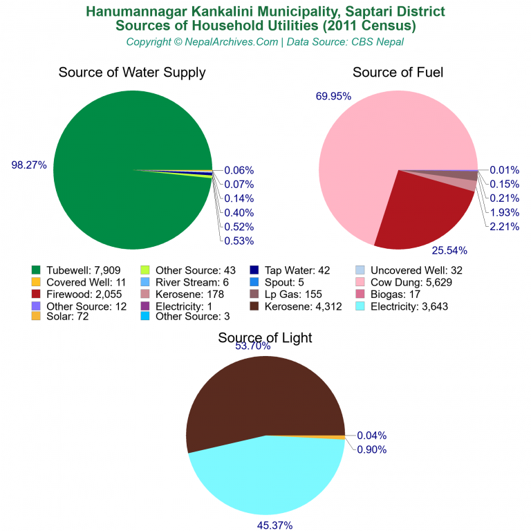 Household Utilities Pie Charts of Hanumannagar Kankalini Municipality