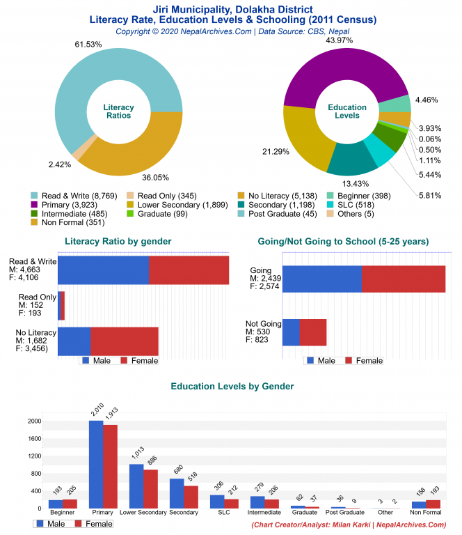 Literacy, Education Levels & Schooling Charts of Jiri Municipality