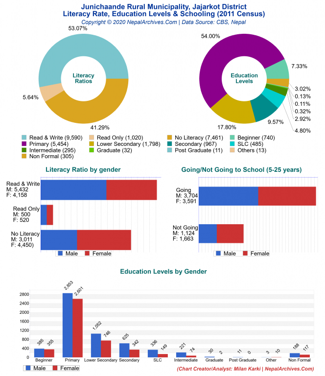 Literacy, Education Levels & Schooling Charts of Junichaande Rural Municipality