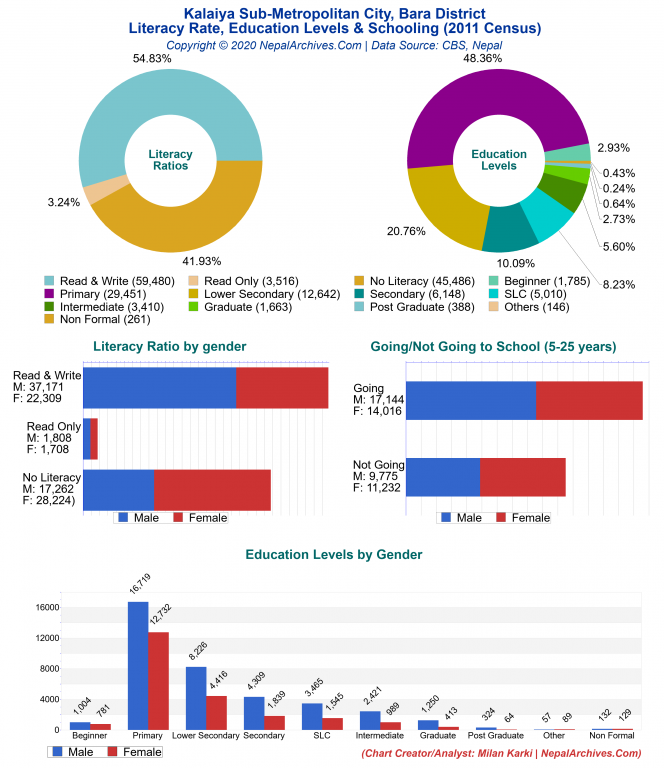 Literacy, Education Levels & Schooling Charts of Kalaiya Sub-Metropolitan City