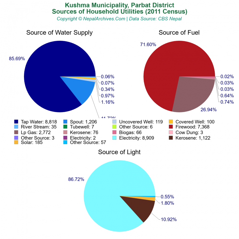 Household Utilities Pie Charts of Kushma Municipality