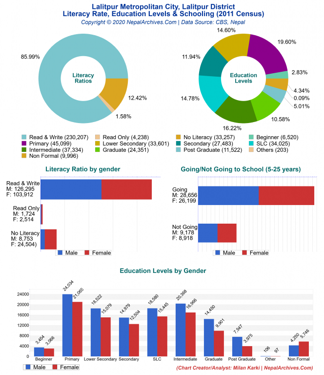 Literacy, Education Levels & Schooling Charts of Lalitpur Metropolitan City