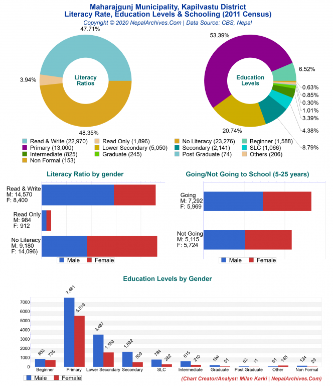 Literacy, Education Levels & Schooling Charts of Maharajgunj Municipality