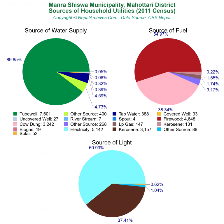 Household Utilities Pie Charts of Manra Shiswa Municipality