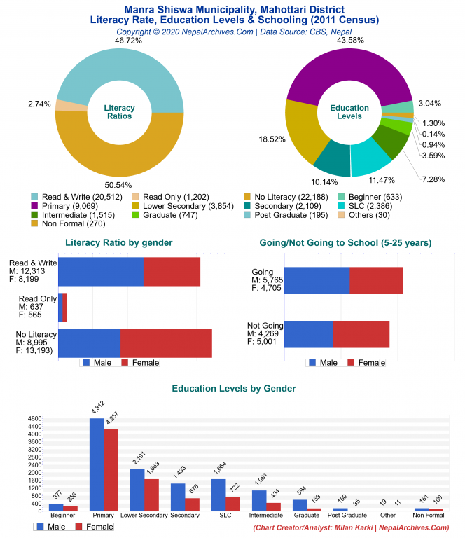 Literacy, Education Levels & Schooling Charts of Manra Shiswa Municipality