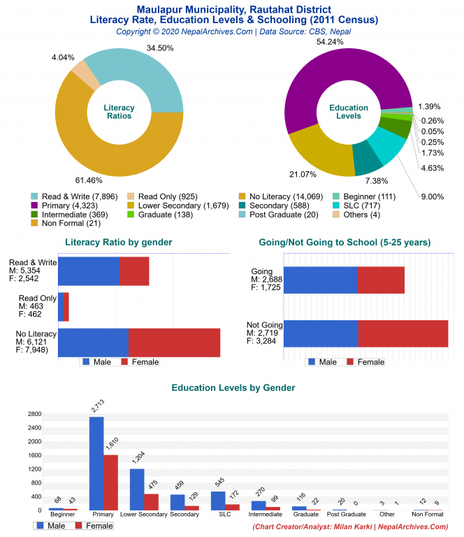 Literacy, Education Levels & Schooling Charts of Maulapur Municipality