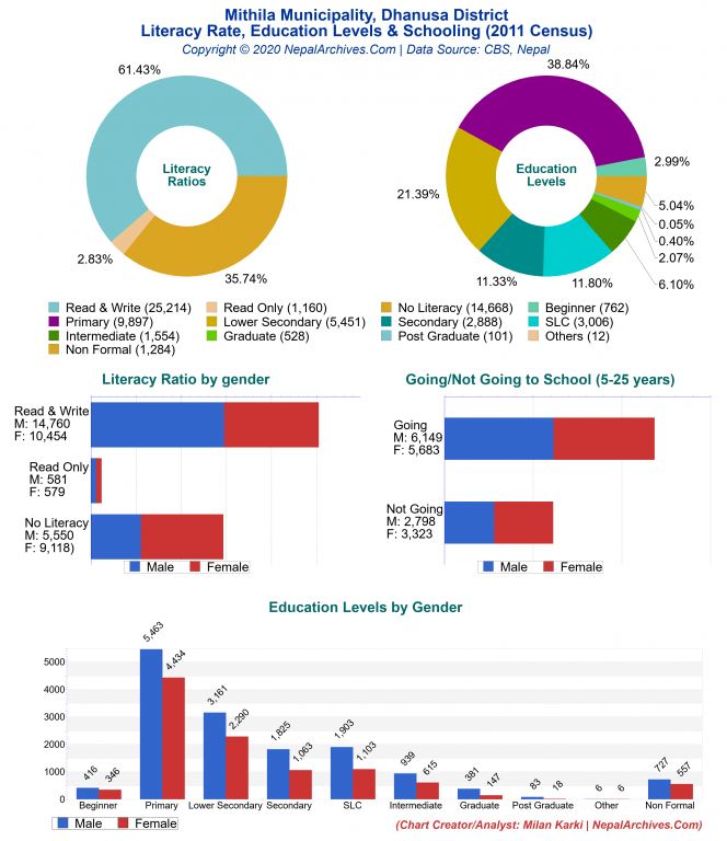 Literacy, Education Levels & Schooling Charts of Mithila Municipality